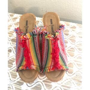 Minnetonka Sz. 8 Multicolor Boho/ Tribal Woven Upper Cork Wedge Open Toe Shoe